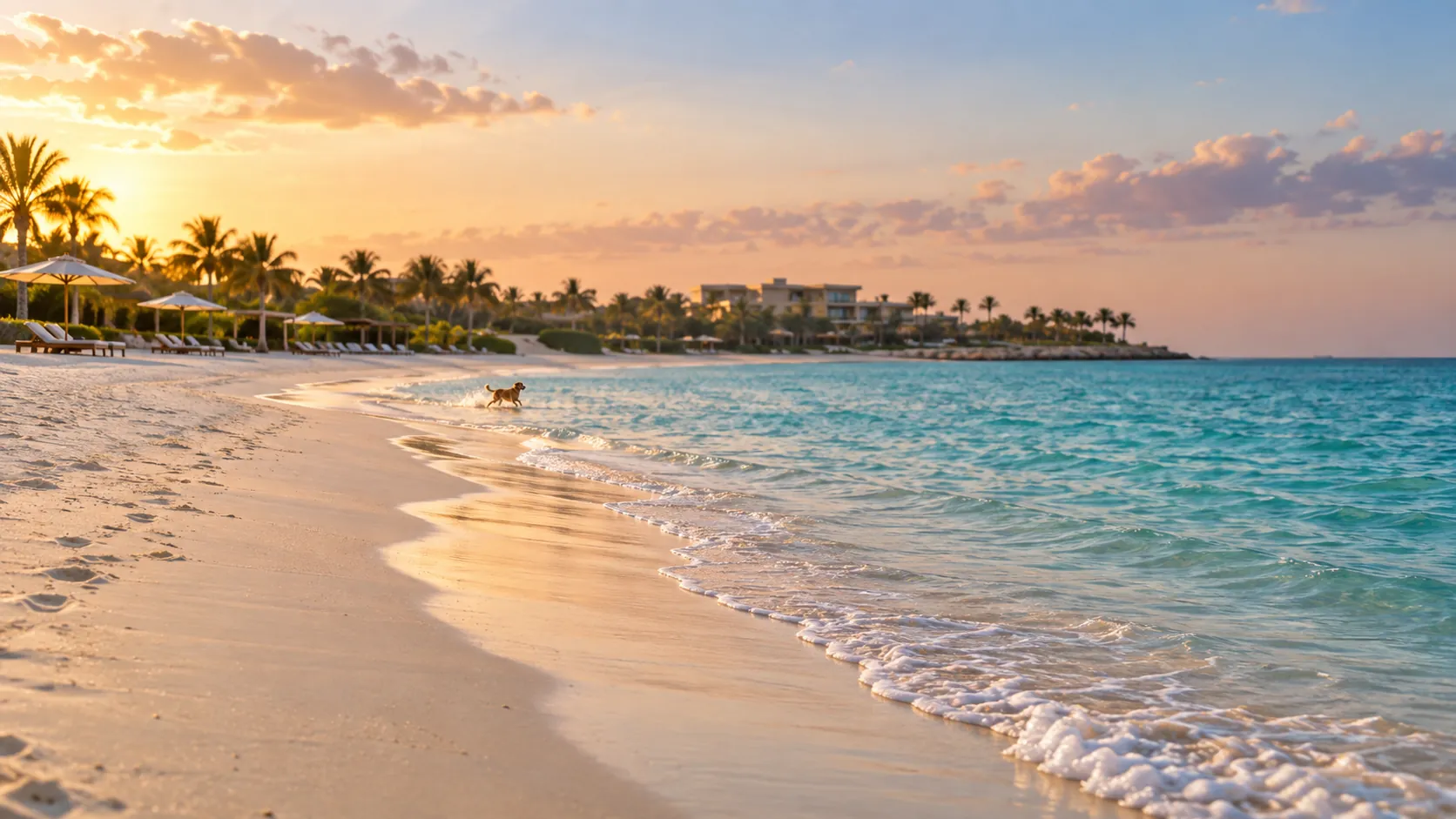 A white-sand beach at sunset, AI illustration
