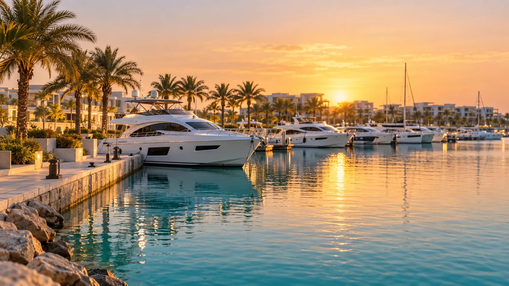 Yachts in a marina at golden hour, AI illustration