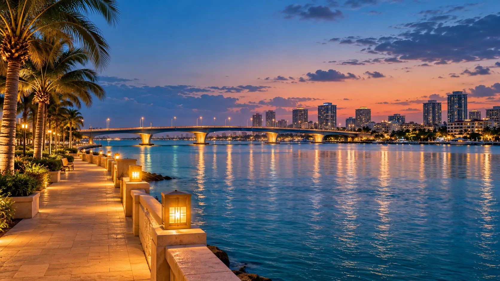 A waterfront at blue hour
